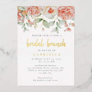 Invitación Con Relieve Metalizado Rústico Peach Floral Bridal Brunch Gold