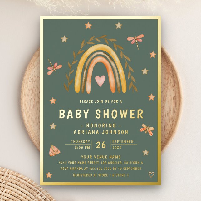 Invitación Con Relieve Metalizado Rústico Sage Green Earthy Rainbow Baby Shower Gold (Subido por el creador)