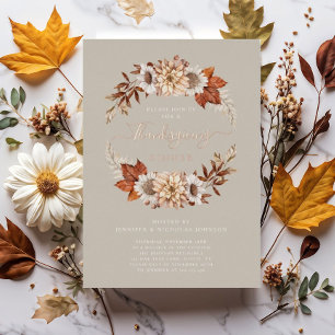 Invitación Con Relieve Metalizado Rústico Taupe Cae Floral Día de Acción de Gracias
