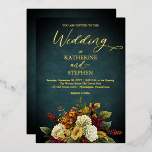 Invitación Con Relieve Metalizado Rústico Teal   Naranja   Ramo Floral Rojo Boda