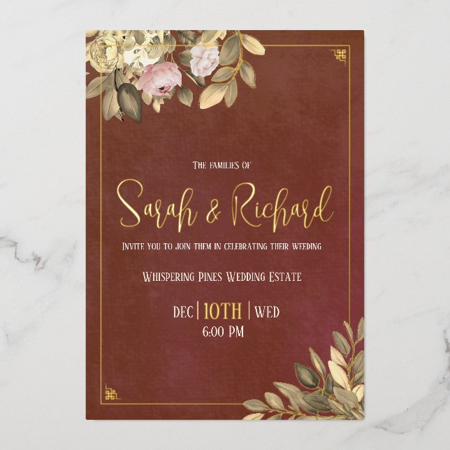 Invitación Con Relieve Metalizado Rústico Terracota Botánico Boho Luxe Boda (Anverso)