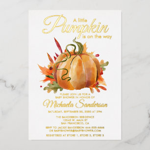 Invitación Con Relieve Metalizado Rústico Un Pequeño Calabaza Cae Baby Shower