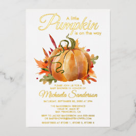 Invitación Con Relieve Metalizado Rústico Un Pequeño Calabaza Cae Baby Shower