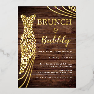 Invitación Con Relieve Metalizado Rústico Vestido dorado Novias Ducha Brunch & Bubbl