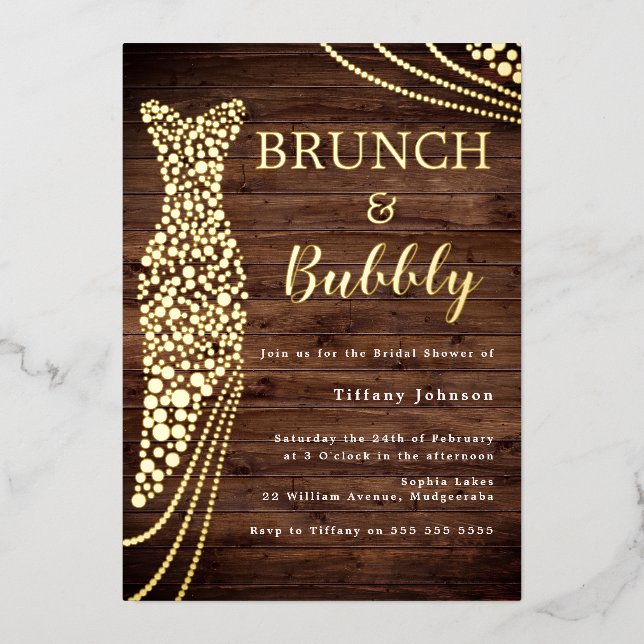 Invitación Con Relieve Metalizado Rústico Vestido dorado Novias Ducha Brunch & Bubbl (Anverso)