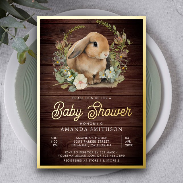 Invitación Con Relieve Metalizado Rústico Wood Cute Bunny Floral Baby Shower Gold (Subido por el creador)