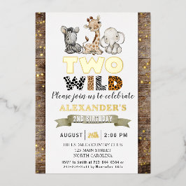 Invitación Con Relieve Metalizado Safari Dos Cumpleaños Salvaje de Oro Real