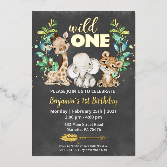 Invitación Con Relieve Metalizado Safari Wild One Birday Party Real (Anverso)