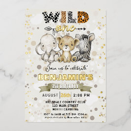 Invitación Con Relieve Metalizado Safari Wild One Birday Party Real Relieve metaliza