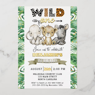 Invitación Con Relieve Metalizado Safari Wild One Birday Party Real Relieve metaliza