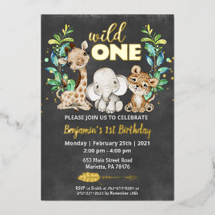Invitación Con Relieve Metalizado Safari Wild One Cumpleaños Real