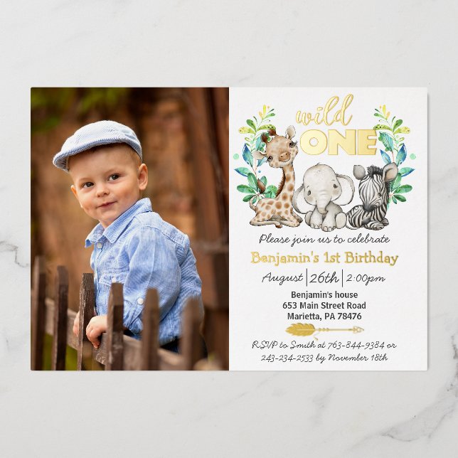 Invitación Con Relieve Metalizado Safari Wild One Photo Real Gold (Anverso)