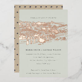Invitación Con Relieve Metalizado Saga Green Rosa Gold Hill Winery Sketch Engagement