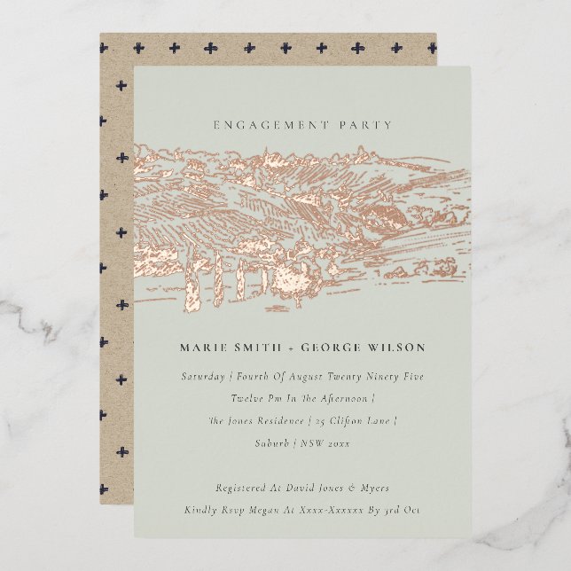 Invitación Con Relieve Metalizado Saga Green Rosa Gold Hill Winery Sketch Engagement (Anverso/Reverso)