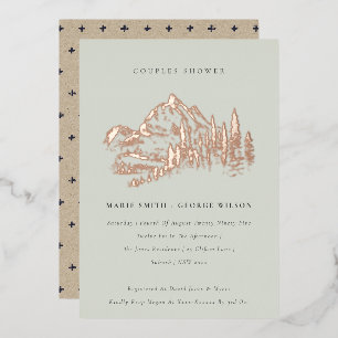 Invitación Con Relieve Metalizado Saga Green Rose Gold Mountain Pine Ducha de Pareja