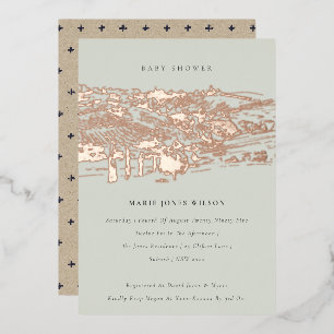 Invitación Con Relieve Metalizado Saga Green Rose Gold Winery Sketch Fiesta de Bebé
