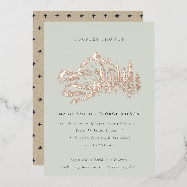 Invitación Con Relieve Metalizado Saga Rosa Verde Oro Montaña Pine Parejas Ducha (Anverso/Reverso)
