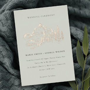 Invitación Con Relieve Metalizado Saga Rosa Verde Oro Montaña Pino Boceto Boda