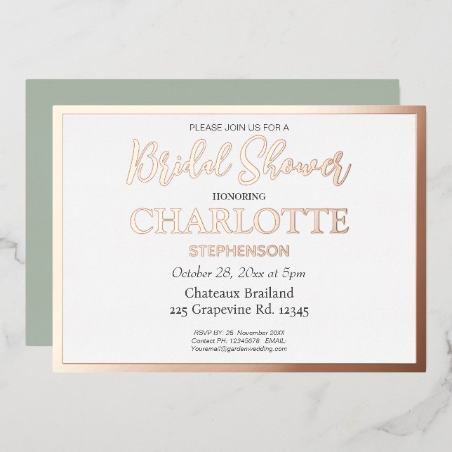 Invitación Con Relieve Metalizado Sage Classic Bridal Shower Rosa Gold Border (Anverso/Reverso)