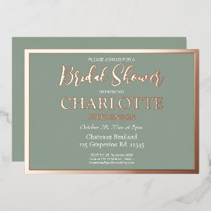 Invitación Con Relieve Metalizado Sage Classic Bridal Shower Rosa Gold Border