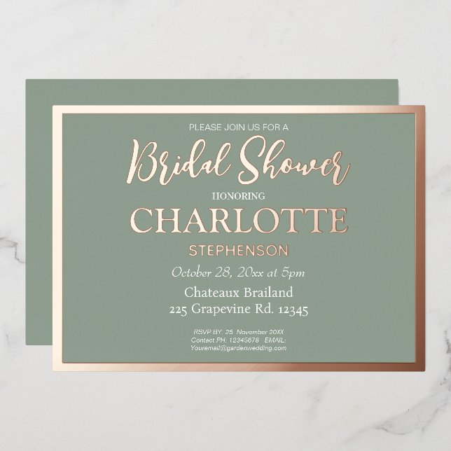 Invitación Con Relieve Metalizado Sage Classic Bridal Shower Rosa Gold Border (Anverso/Reverso)