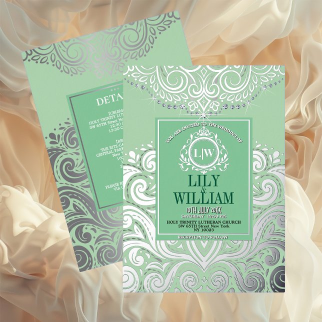 Invitación Con Relieve Metalizado Sage Elegant Artdeco Diamond Monograma Boda (Luxurious Elegant Classic Boho Wedding Invitation - Real Foil and Monogram)