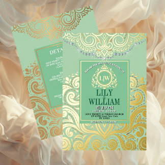 Invitación Con Relieve Metalizado Sage Elegante Artdeco Diamante Monograma Boda Dora