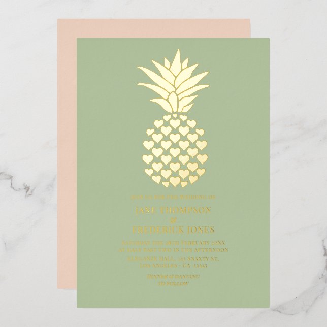Invitación Con Relieve Metalizado Sage & Gold Tropical Pineapple Wedding (Anverso/Reverso)