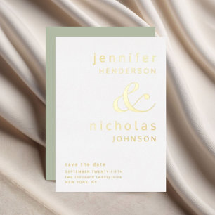 Invitación Con Relieve Metalizado Sage Green Ampersand Wedding Save The Date Gold