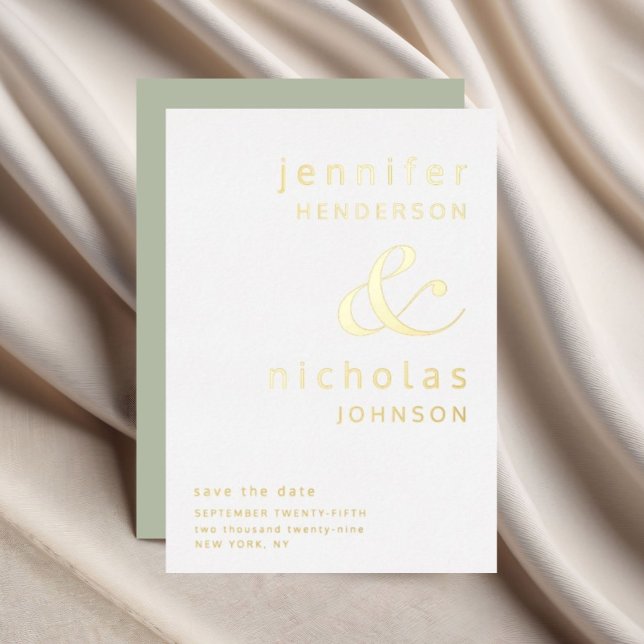 Invitación Con Relieve Metalizado Sage Green Ampersand Wedding Save The Date Gold (Sage Green Ampersand Wedding Save The Date Gold Foil Invitation)