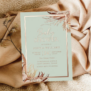 Invitación Con Relieve Metalizado Sage Green Boho Moda Baby Shower Real Rosa Gold