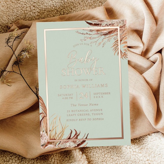 Invitación Con Relieve Metalizado Sage Green Boho Moda Baby Shower Real Rosa Gold (Subido por el creador)