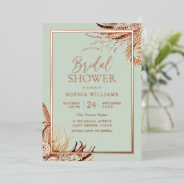 Invitación Con Relieve Metalizado Sage Green Boho Moda Bridal Shower Real Rosa Gold