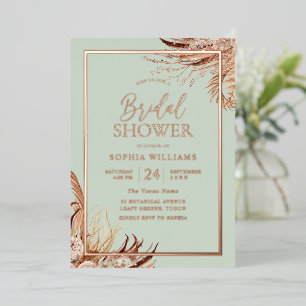 Invitación Con Relieve Metalizado Sage Green Boho Moda Bridal Shower Real Rosa Gold