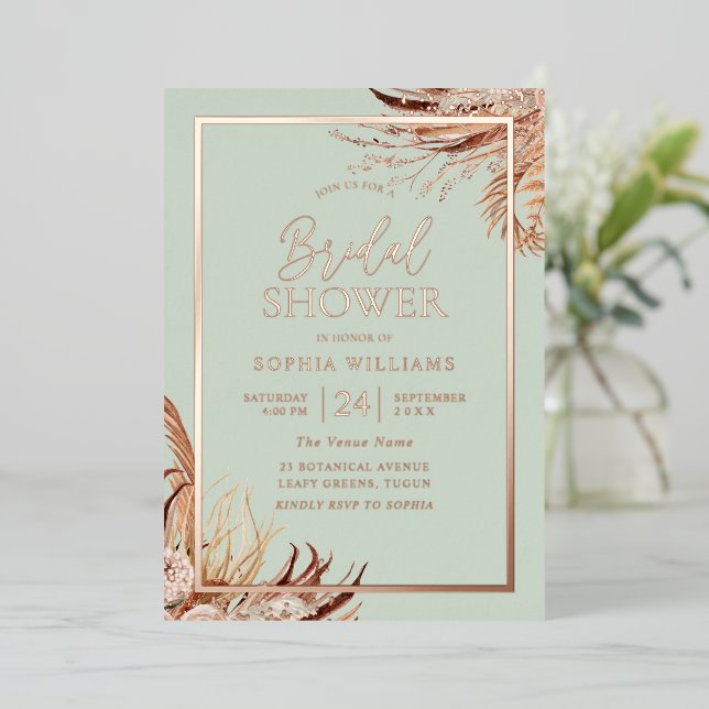 Invitación Con Relieve Metalizado Sage Green Boho Moda Bridal Shower Real Rosa Gold (Anverso de pie)