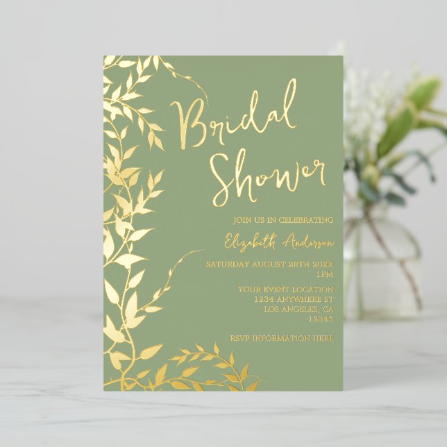 Invitación Con Relieve Metalizado Sage Green Botanical Leaves Bridal Shower (Anverso de pie)