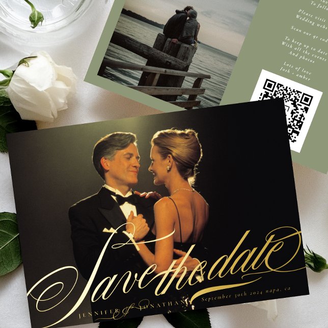 Invitación Con Relieve Metalizado Sage Green Elegant Gold Calligraphy QR Code Photo (Subido por el creador)