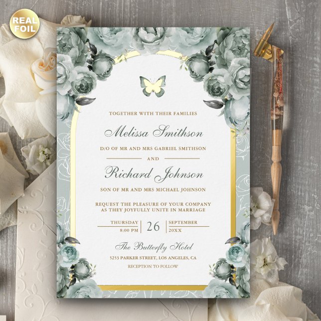 Invitación Con Relieve Metalizado Sage Green Floral Arco mariposa Boda Gold (Subido por el creador)