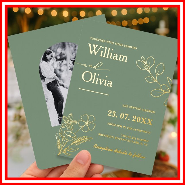 Invitación Con Relieve Metalizado Sage Green Gold Boho Floral Photo Boda (Subido por el creador)