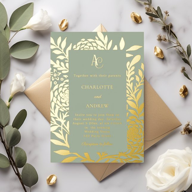 Invitación Con Relieve Metalizado Sage green gold botanical monogram luxury wedding (Subido por el creador)