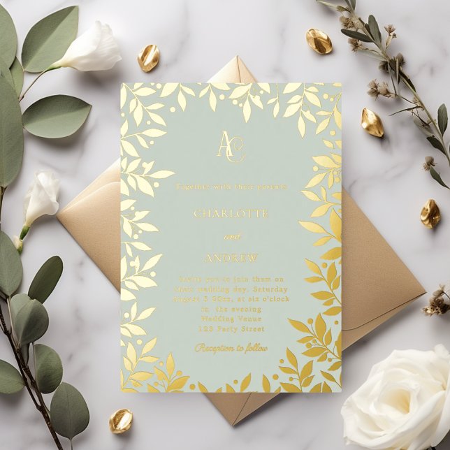 Invitación Con Relieve Metalizado Sage green gold botanical monogram luxury wedding (Subido por el creador)