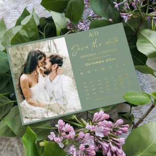 Invitación Con Relieve Metalizado Sage Green Gold Calendar Wedding Guardar la fecha