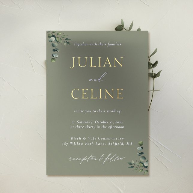 Invitación Con Relieve Metalizado Sage Green Gold Eucalyptus Greenerenery Gold Boda (sage green wedding invitation gold foil eucalyptus greenery modern classic simple clean elegant)