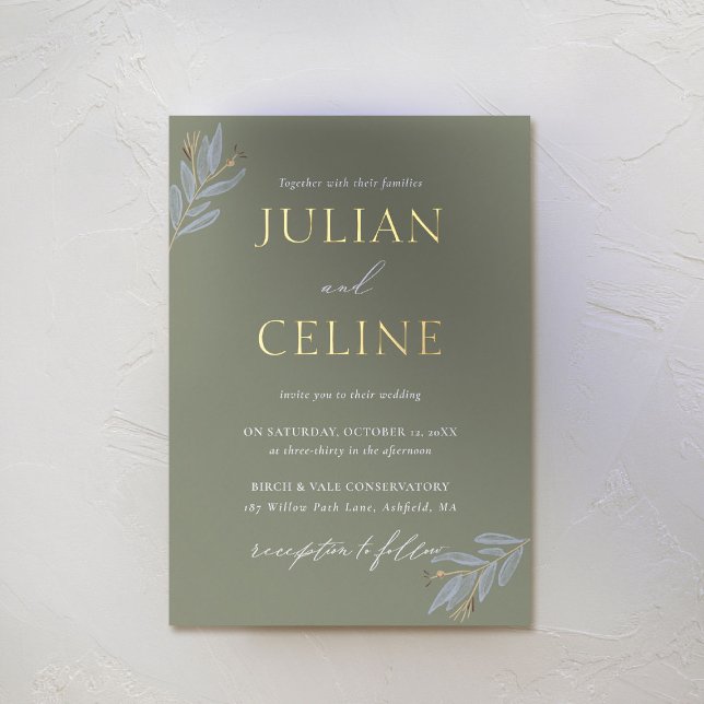 Invitación Con Relieve Metalizado Sage Green Gold Fall Boda de Verdor de Invierno (sage green wedding invitation gold minimal greenery modern classic simple elegant fall winter)