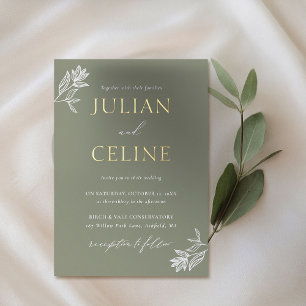 Invitación Con Relieve Metalizado Sage Green Gold Minimal Greenery Elegant Wedding