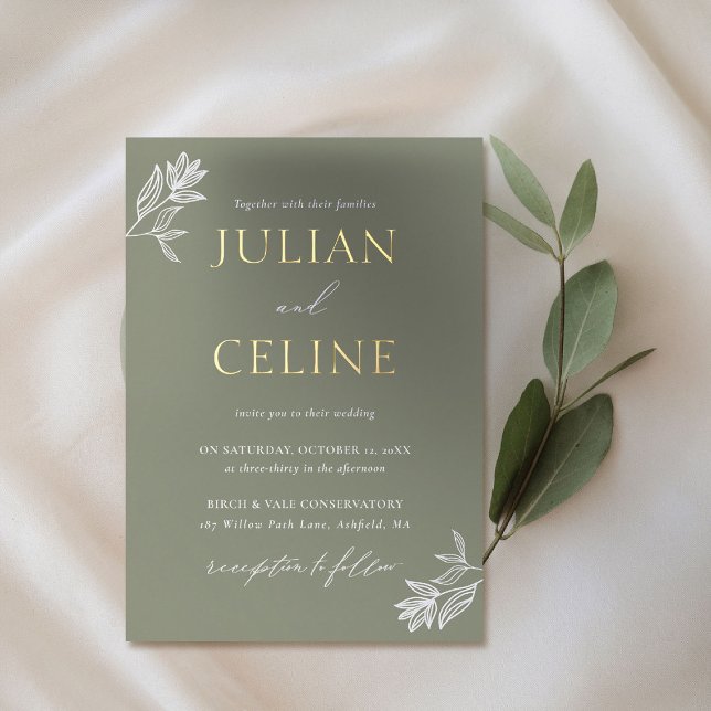Invitación Con Relieve Metalizado Sage Green Gold Minimal Greenery Elegant Wedding (sage green wedding invitation gold minimal white greenery modern classic simple elegant luxury)