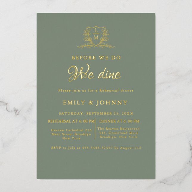Invitación Con Relieve Metalizado Sage Green & gold Wedding Rehearsal dinner (Anverso)