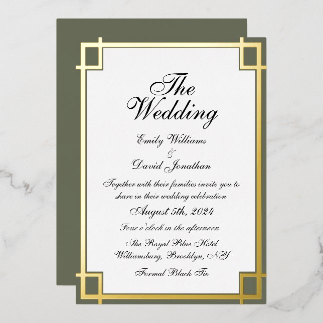 Invitación Con Relieve Metalizado Sage Green Golden Classic Boda (Anverso/Reverso)