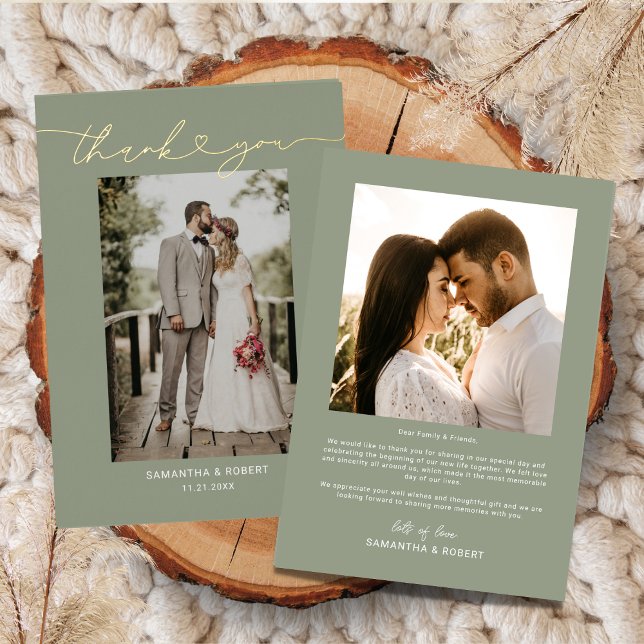 Invitación Con Relieve Metalizado Sage Green Heart Script Boda Foto Gracias (Subido por el creador)