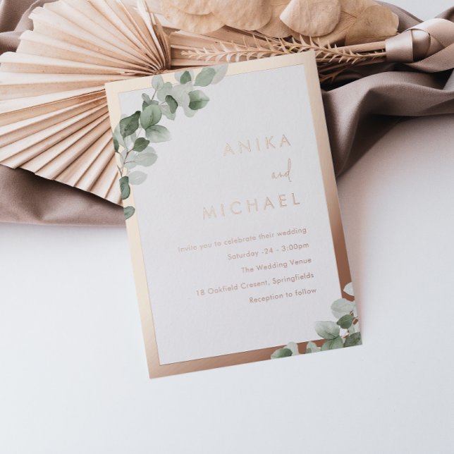Invitación Con Relieve Metalizado Sage Green Leaf & Real Rosa Gold Boda (Subido por el creador)